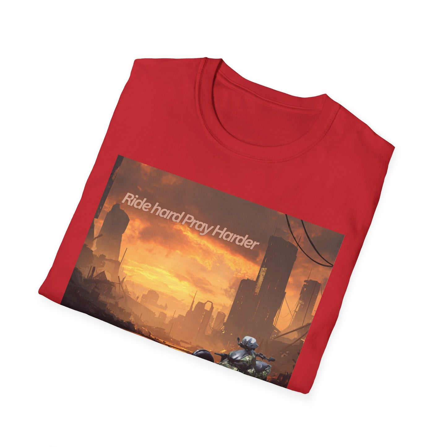 Retro Sci‑Fi T-Shirt — "Ride Hard, Pray Harder" Sunset Landscape