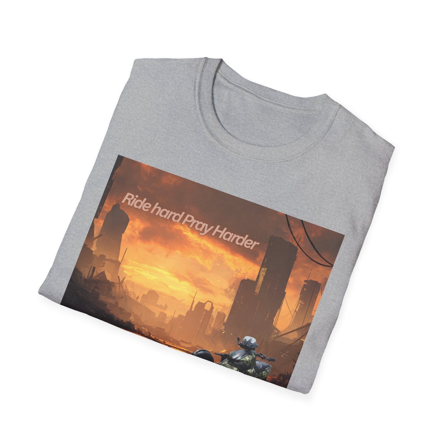 Retro Sci‑Fi T-Shirt — "Ride Hard, Pray Harder" Sunset Landscape