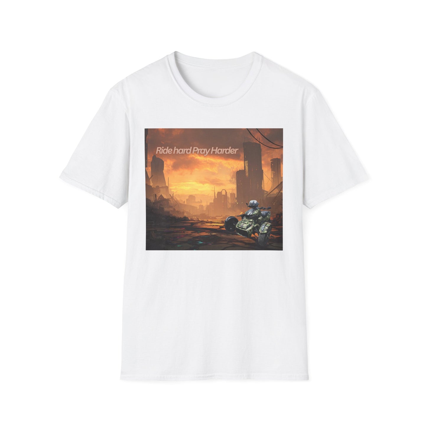 Retro Sci‑Fi T-Shirt — "Ride Hard, Pray Harder" Sunset Landscape