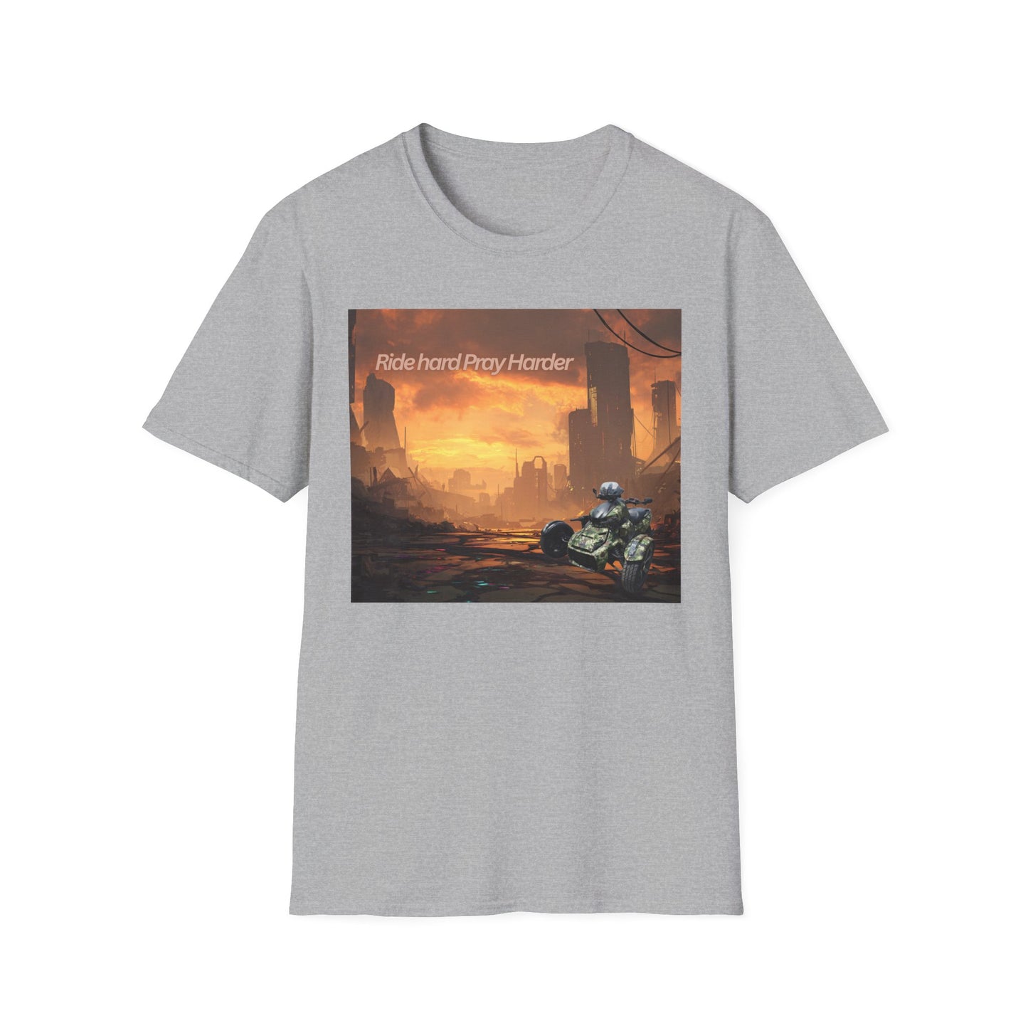 Retro Sci‑Fi T-Shirt — "Ride Hard, Pray Harder" Sunset Landscape