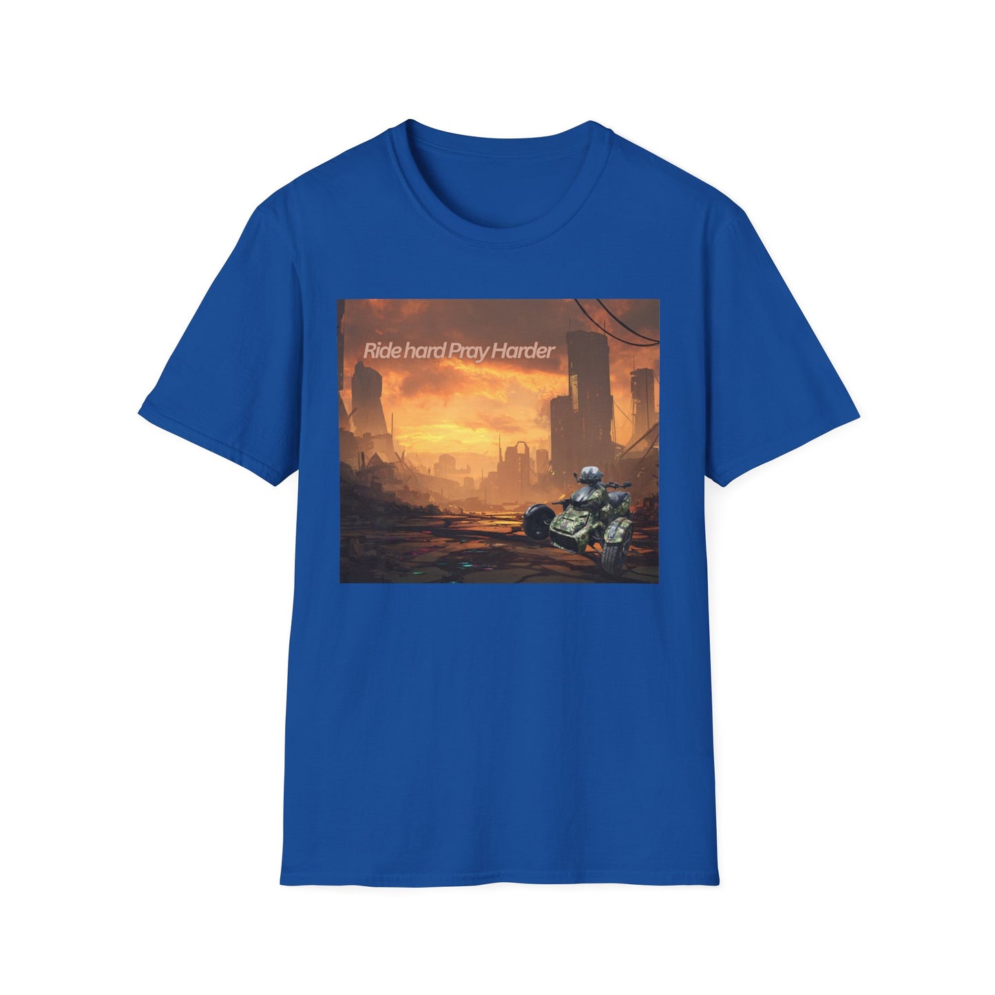 Retro Sci‑Fi T-Shirt — "Ride Hard, Pray Harder" Sunset Landscape