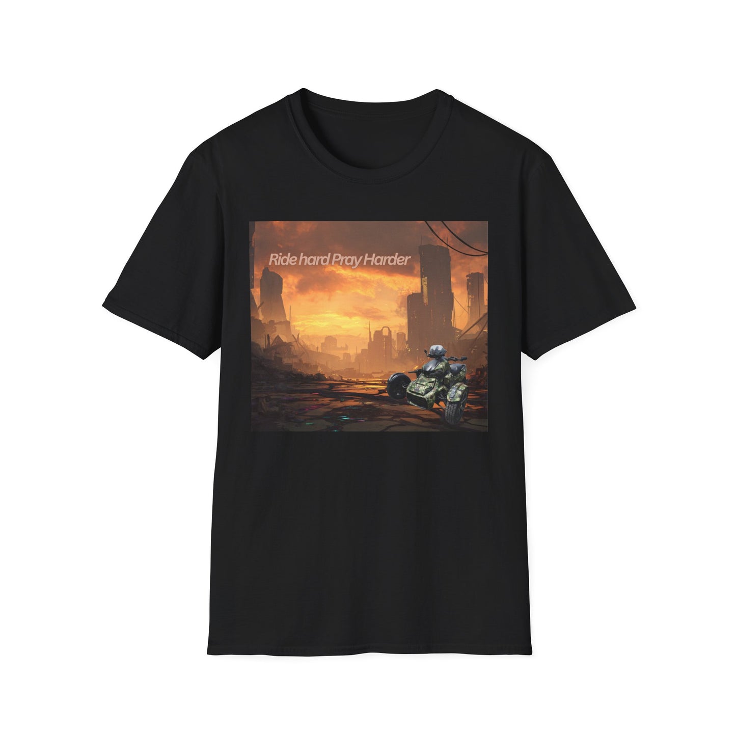 Retro Sci‑Fi T-Shirt — "Ride Hard, Pray Harder" Sunset Landscape
