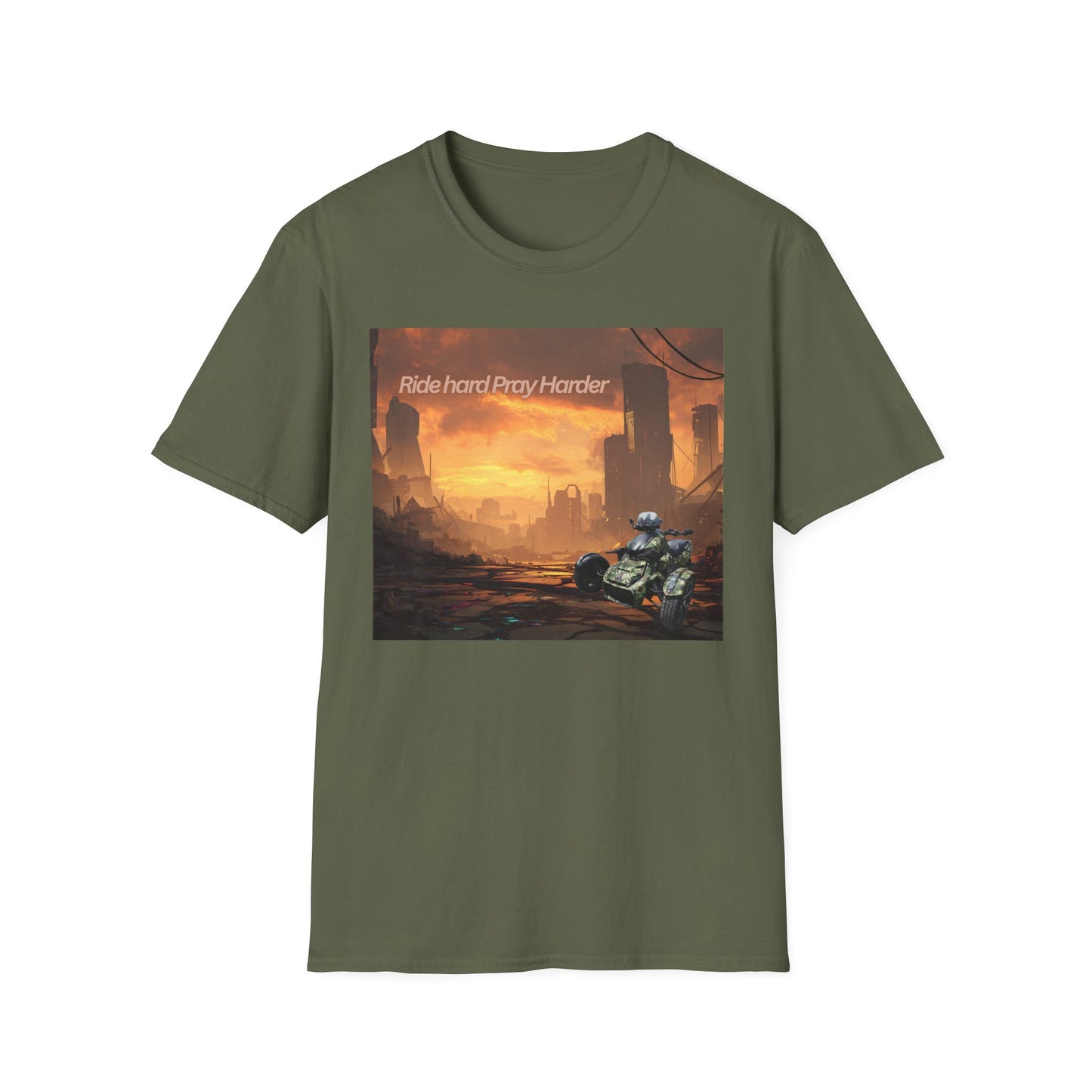 Retro Sci‑Fi T-Shirt — "Ride Hard, Pray Harder" Sunset Landscape