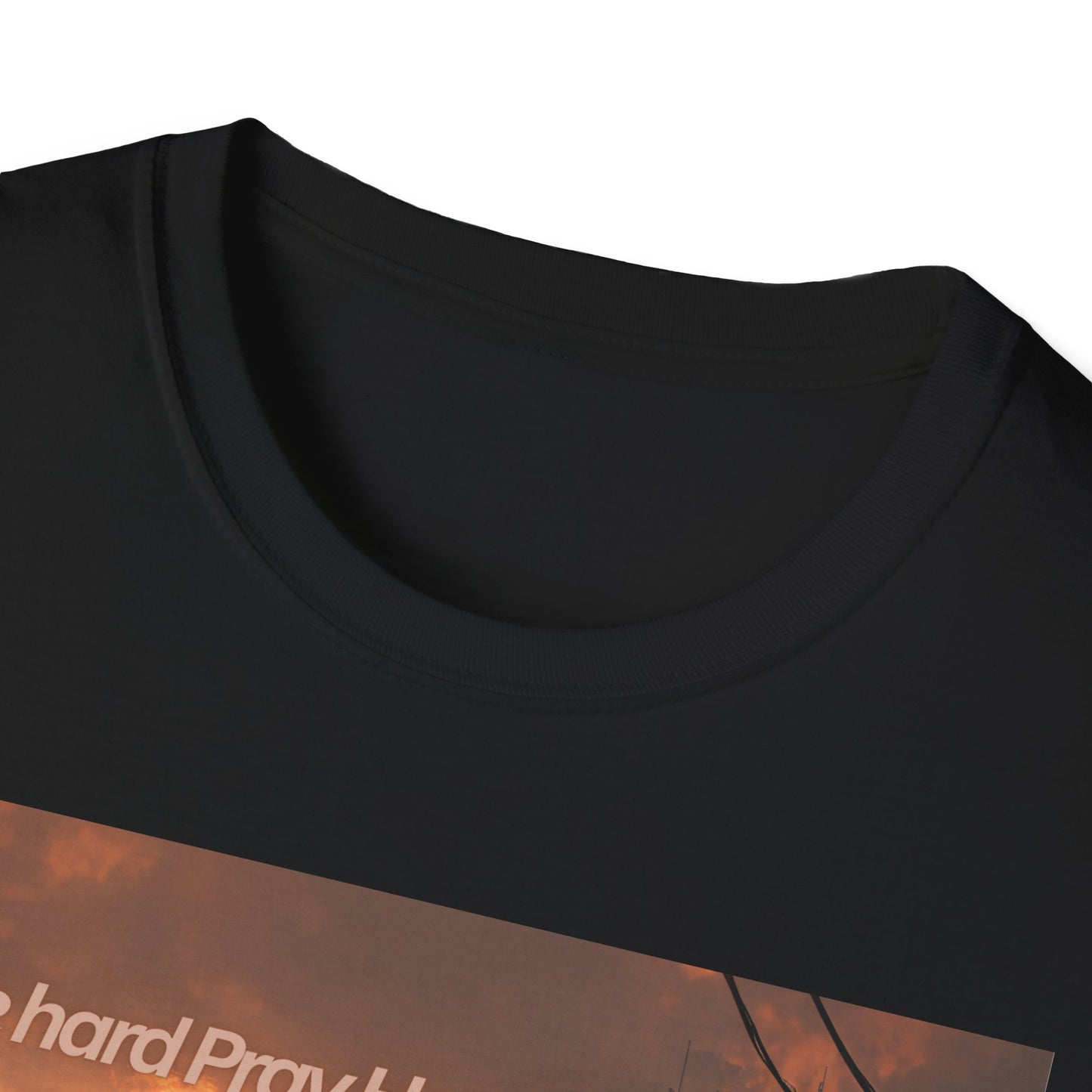 Retro Sci‑Fi T-Shirt — "Ride Hard, Pray Harder" Sunset Landscape
