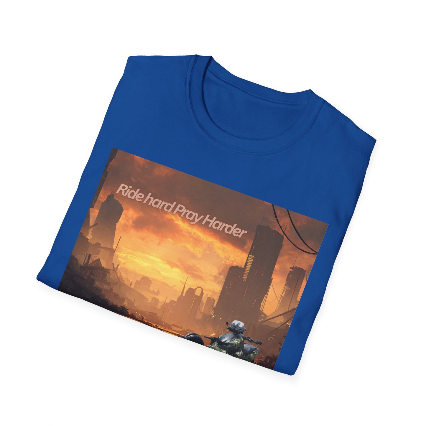 Retro Sci‑Fi T-Shirt — "Ride Hard, Pray Harder" Sunset Landscape