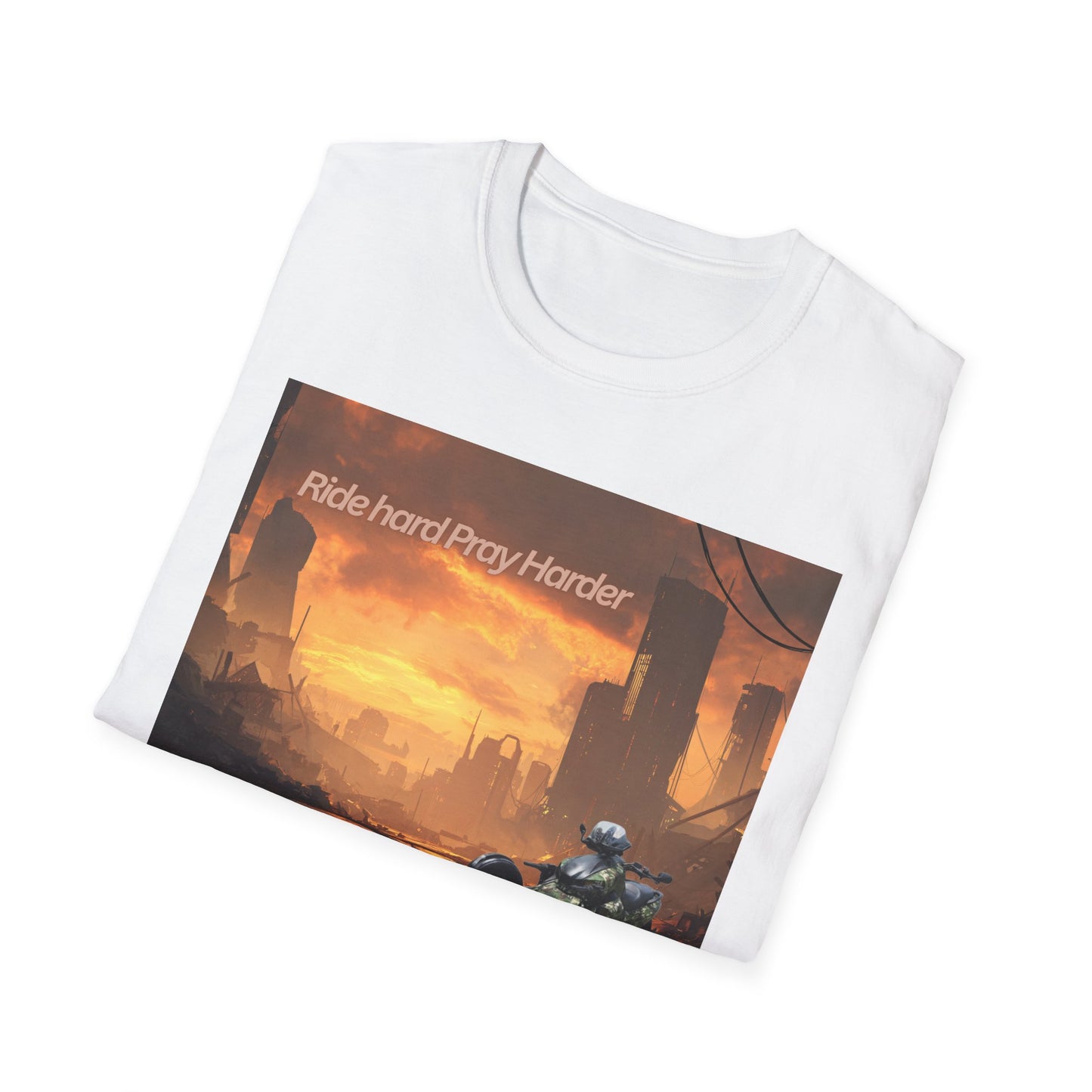 Retro Sci‑Fi T-Shirt — "Ride Hard, Pray Harder" Sunset Landscape