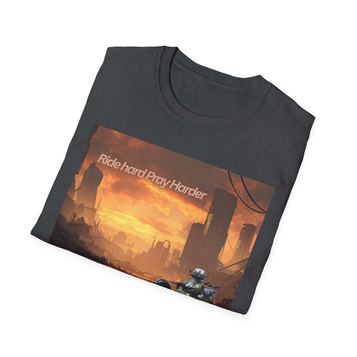 Retro Sci‑Fi T-Shirt — "Ride Hard, Pray Harder" Sunset Landscape