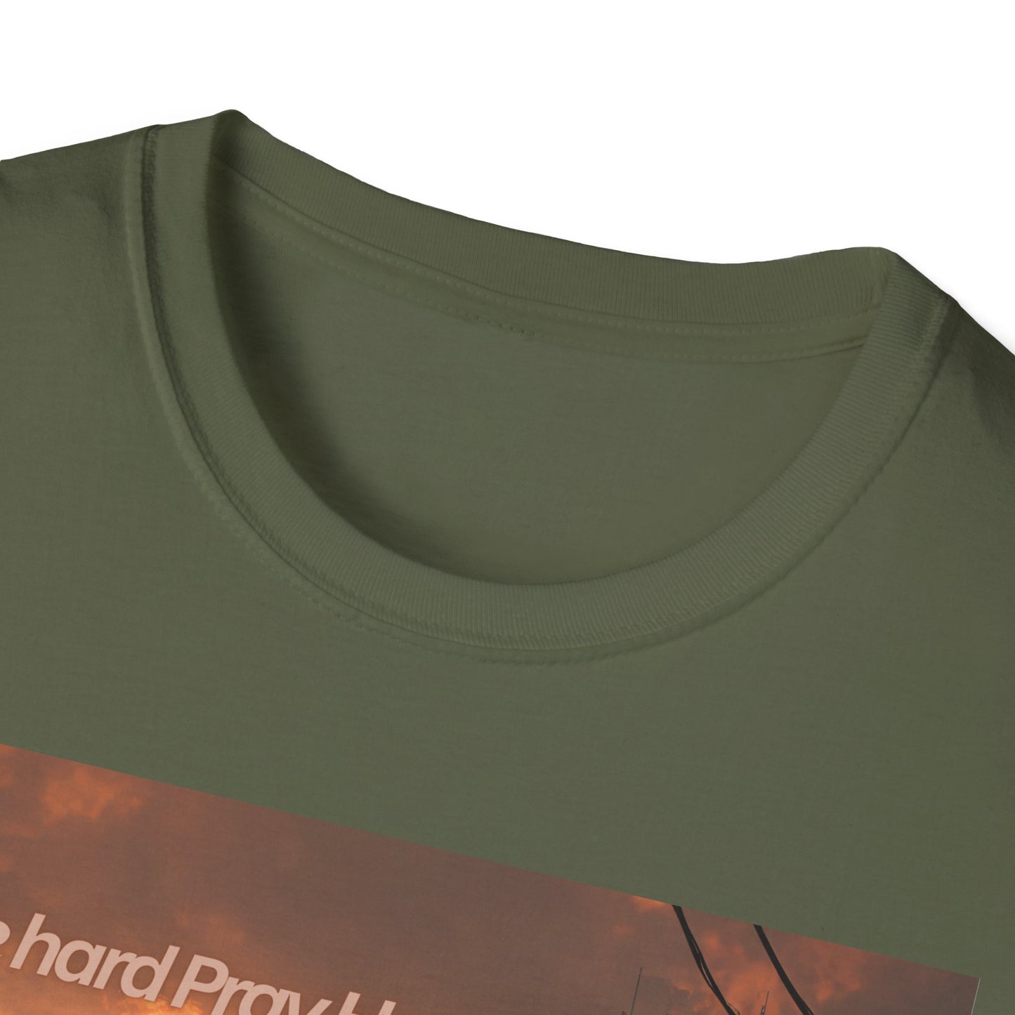 Retro Sci‑Fi T-Shirt — "Ride Hard, Pray Harder" Sunset Landscape