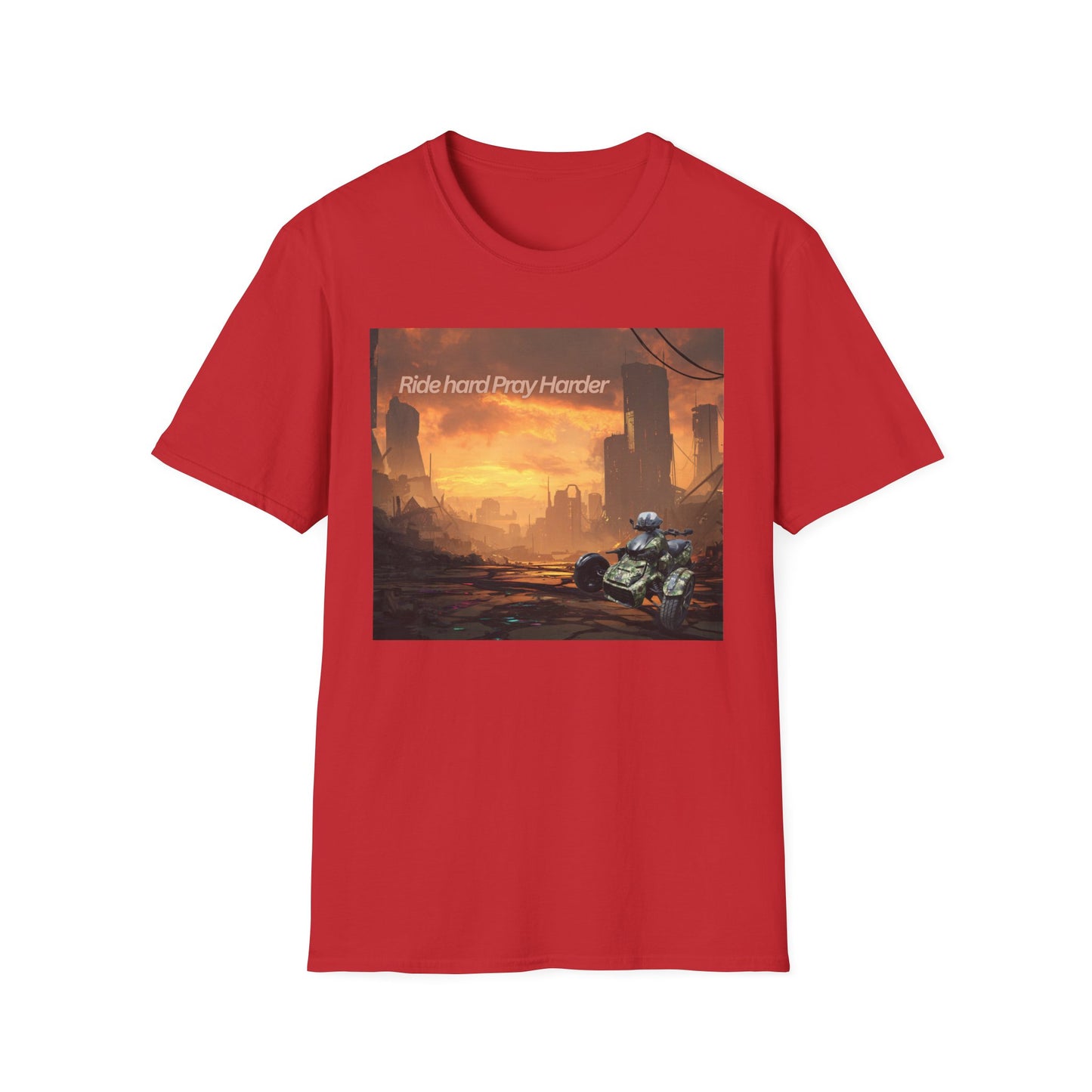 Retro Sci‑Fi T-Shirt — "Ride Hard, Pray Harder" Sunset Landscape