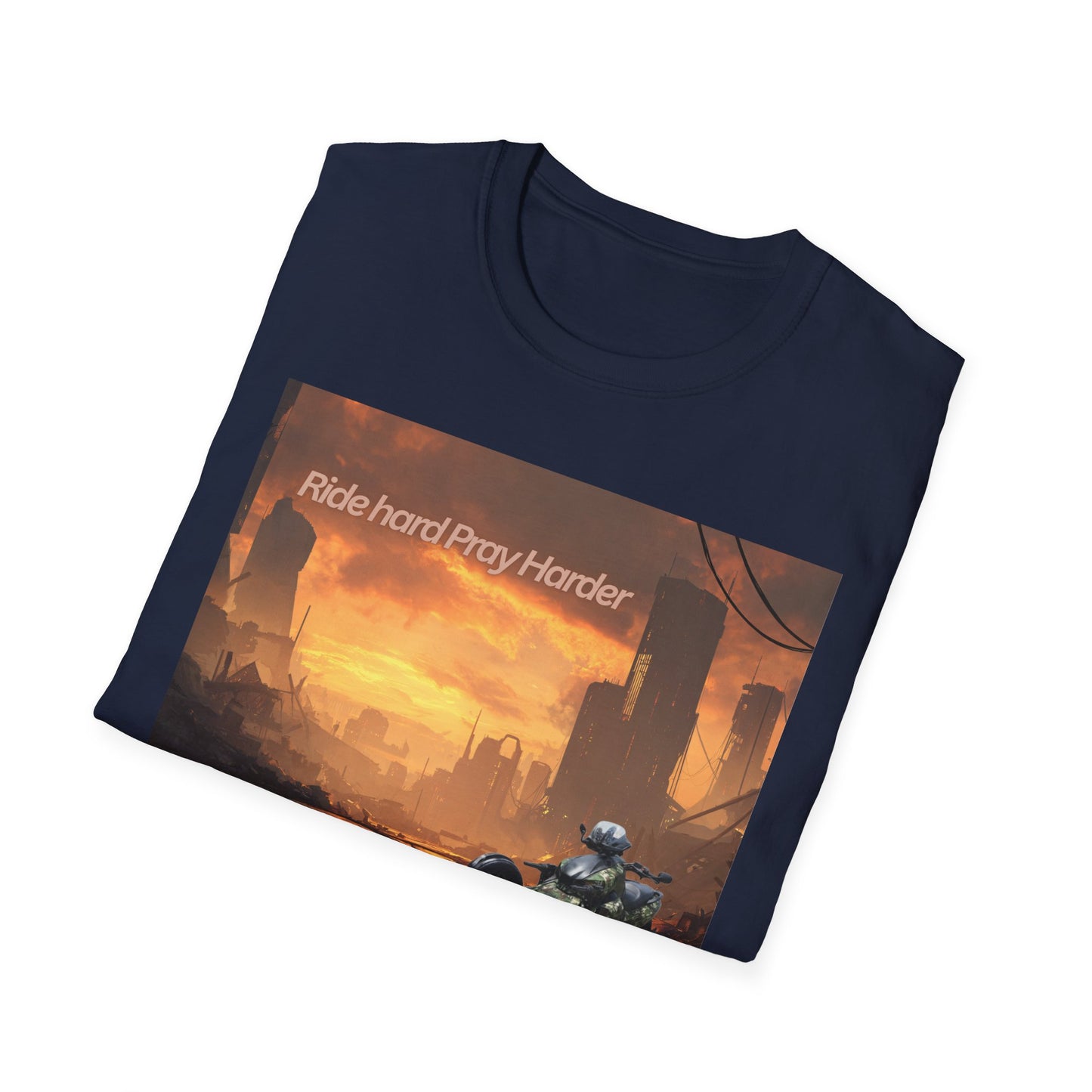 Retro Sci‑Fi T-Shirt — "Ride Hard, Pray Harder" Sunset Landscape