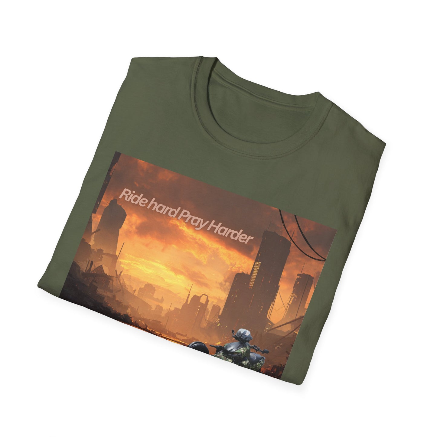 Retro Sci‑Fi T-Shirt — "Ride Hard, Pray Harder" Sunset Landscape