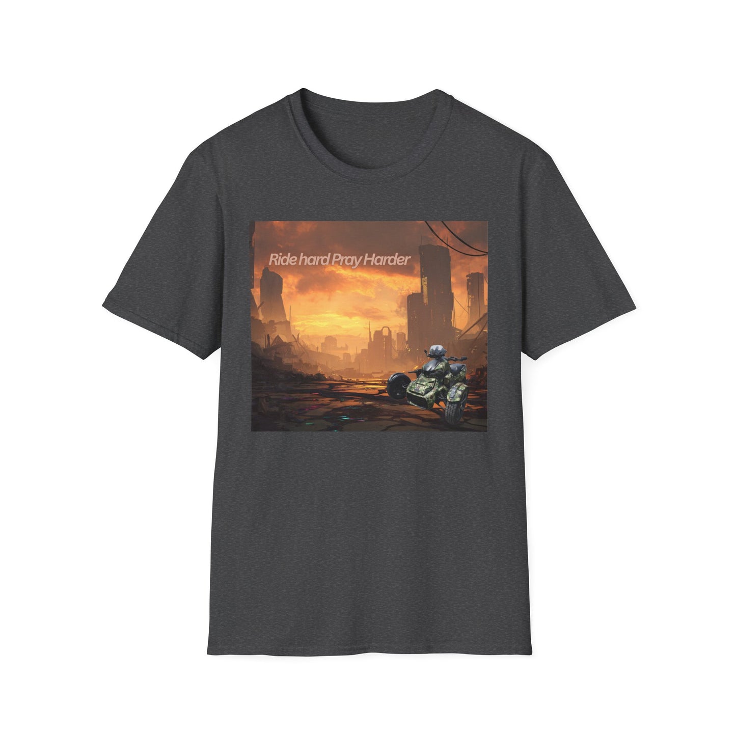 Retro Sci‑Fi T-Shirt — "Ride Hard, Pray Harder" Sunset Landscape